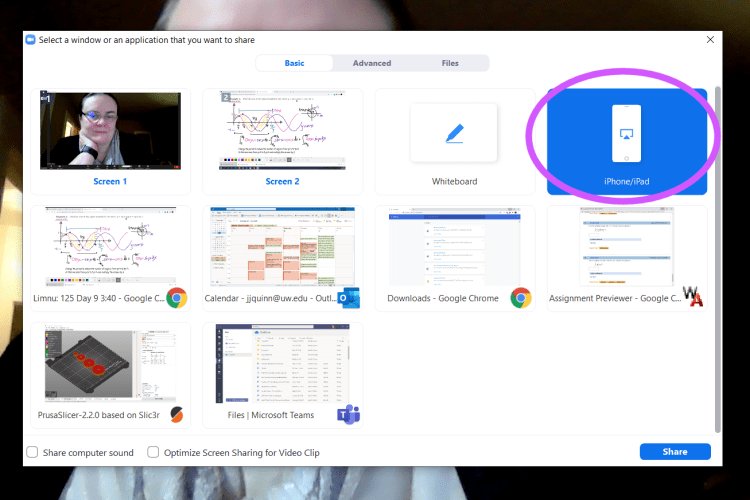 The iPhone/iPad share only works when the hosting computer and the iProduct are on the same network.