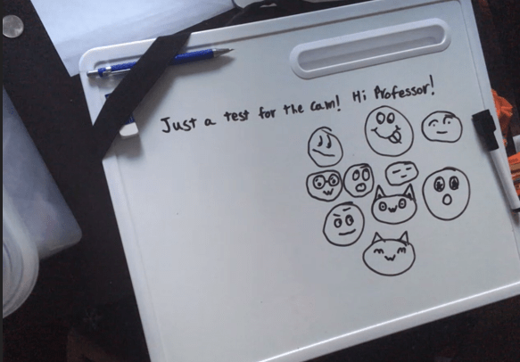 A test message with funny faces drawn on a portable whiteboard to test the cell-phone -as-document-camera worked properly before starting the assessment.