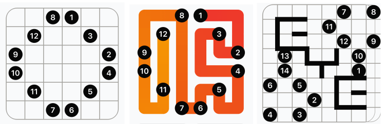 A 6x6 grid with numbered cells 1-12 + solution and a 8x8 grid with numbered cells 1-14 and solids black lines for barriers.